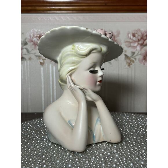 Vintage Lefton White 2900 Lady Head vase, Brimmed Hat No Foil - Picture 12 of 15